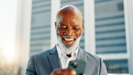 Business, smartphone and black man in city, scroll and urban town with social media, network and communication. Mature person, accountant and financial advisor with tech, texting or smile in New York