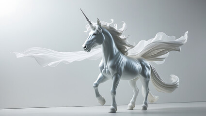 A starkly elegant canvas stretches across the frame, pristine white in its simplicity. A stunning sculpture of a majestic unicorn gradually emerges from the blank backdrop