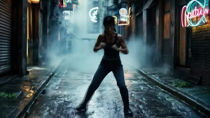 A woman stands in the rain with both hands raised in the air, ready to punch. Smooth repeating motion for background video animation.
