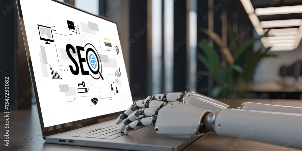 Poster seo search engine optimization for brisk e-commerce and online retail business showing on computer s