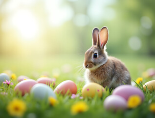 Adorable Bunny in a Blooming Meadow Surrounded by Vibrant Easter Eggs, Fresh Spring Flowers, and Lush Green Grass Under a Sunny Sky