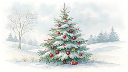 Watercolor painting of a christmas tree decorated with red ornaments in a snowy landscape scene