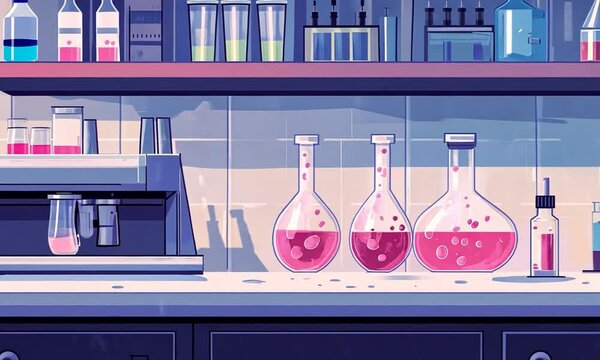 Colorful laboratory scene featuring glassware with pink liquids, surrounded by scientific instruments
