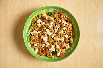 Mediterranean pasta salad with feta cheese and olives