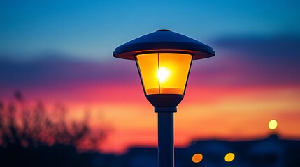 Dusk, street lamp glowing, vibrant sunset, city bokeh