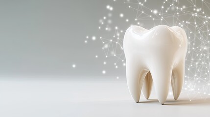 A white 3D tooth model stands against a gradient background, illustrating the intersection of dental care and technology.