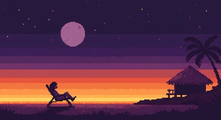 A pixel art image of a person relaxing on a beach chair on a beach at night, looking towards the ocean and a full moon. There is a small thatched-roof cabin and palm trees on the beach. The sky is fil