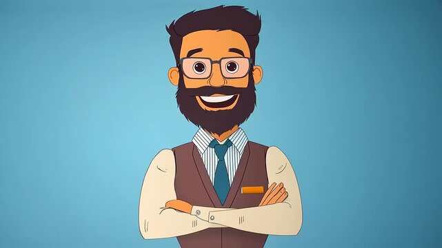 Cheerful businessman with glasses and beard, posing confidently in a blue background, ready for success