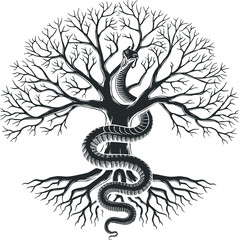 Esoteric Illustration of Ouroboros Snake And Tree of Life isolated on Black. Vector illustration