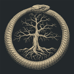Esoteric Illustration of Ouroboros Snake And Tree of Life isolated on Black. Vector illustration