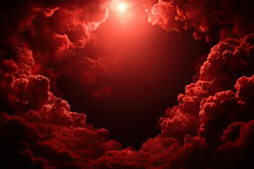 Blood-red clouds frame a bright, central light source against a dark sky
