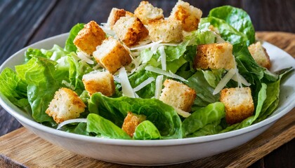 Close-up of Caesar Salad with croutons, cheese, romaine lettuce