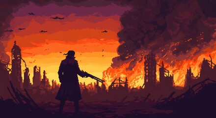 Obraz premium A pixel art image of a lone figure standing in a ruined cityscape, holding a gun. The scene is filled with fire, smoke, and destroyed buildings, suggesting a war or postapocalyptic setting. Planes are