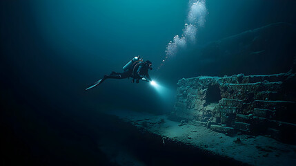 Suba Diver Exploring Underwater Wreckage