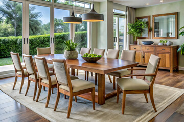 Obraz premium A set of dining tables with chairs and a table with chairs in a modern and stylish dining area 