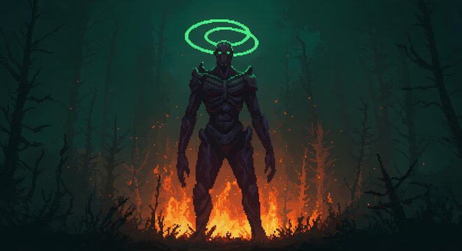 A pixel art image of a dark, humanoid figure standing in a forest clearing surrounded by flames. The figure has a glowing green halo and appears to be made of stone or metal. The scene is dark and mys