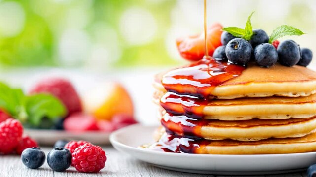 Stack of pancakes drizzled with rich maple syrup and adorned with fresh strawberries, blueberries, and raspberries