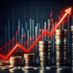 A sharply rising goldenarrow graph on gold coins showing success and financial growth.