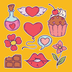 Colorful handdrawn doodle illustration with love and heart icons
