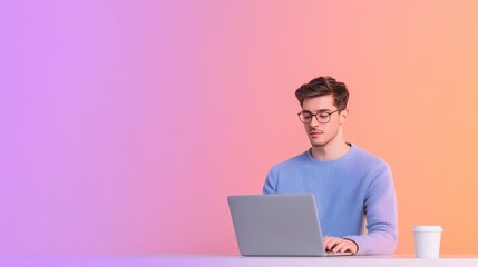 Focused and Creative: A young professional immersed in his work, typing on a laptop with a focused expression, embodying innovation and modern productivity.