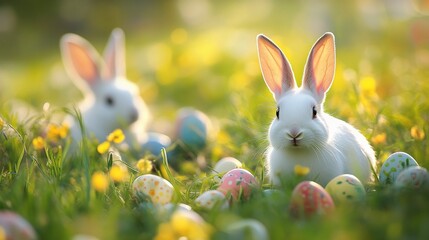 Fototapeta premium White Bunny Peeking Through Colorful Flowers in Springtime Garden
