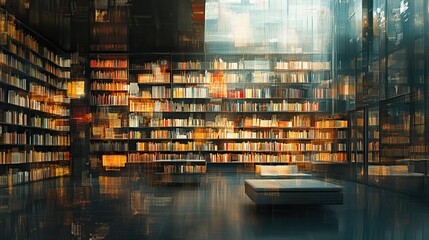 Blurry Library Interior Space with Shelves, Perfect for Creating a Cozy and Inspirational Learning Atmosphere. 