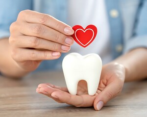 Hands holding a tooth with a heart symbol, promoting love for oral care