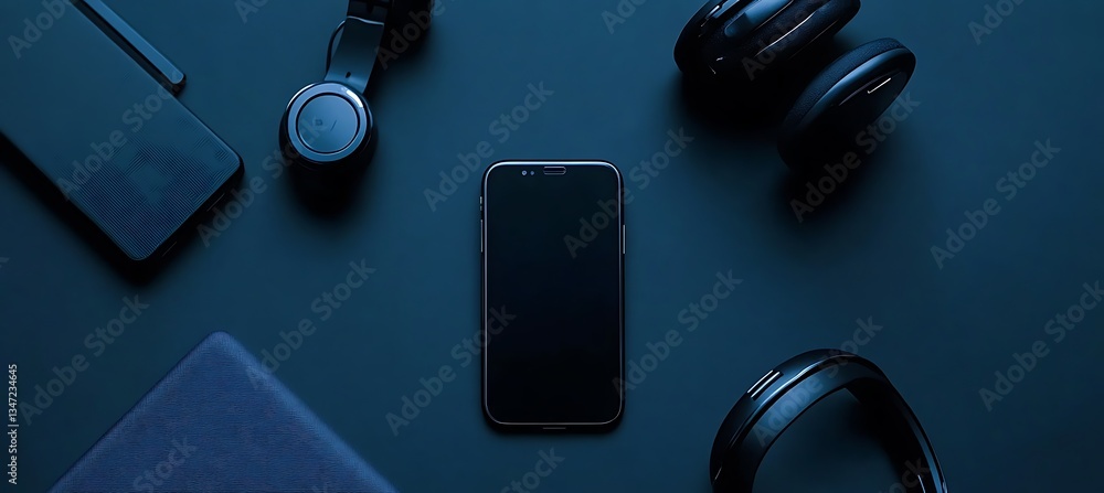 Poster a stylish tech review website banner with sleek gadgets and space for a title