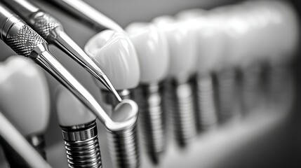Dental tools examining teeth implants in a lab