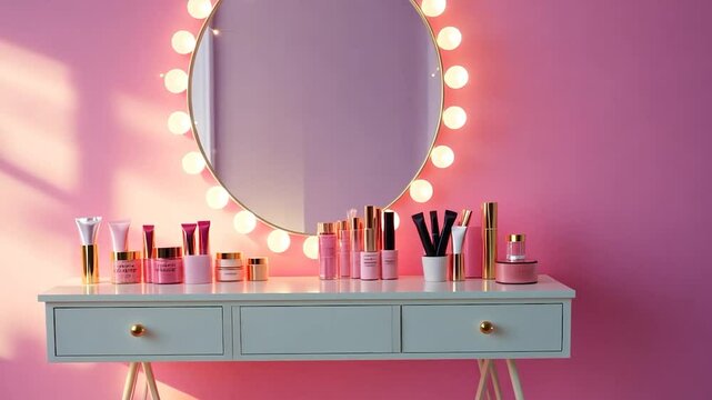 Pink vanity with lighted mirror and cosmetics (1)