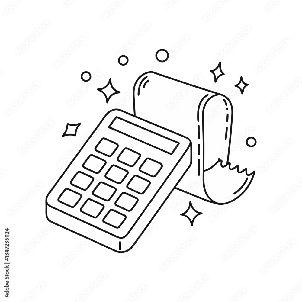 Poster printing calculator vector in minimal line art style, featuring a keypad, display screen, and a rece