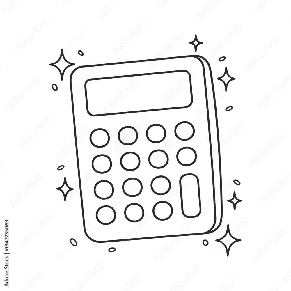 Poster calculator vector in minimal line art style, featuring a keypad, display screen, and decorative spar