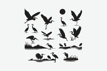 This collection of heron silhouettes showcases the birds in various activities such as flying, fishing, and resting. Designed in a minimalist black and white style