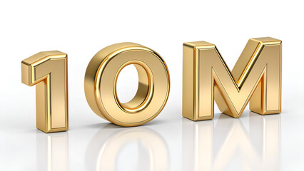 Golden ten million symbol on a white surface with reflections in a studio shot close up view