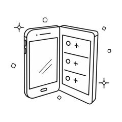 Foldable smartphone vector in minimal line art style, featuring a dual-screen display with interactive icons and decorative sparkles for a futuristic tech theme.
