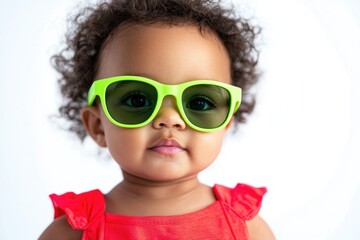 Adorable baby girl with curly hair wearing bright green sunglasses.