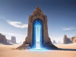 Abandoned time travel archway radiating a blue energy leading to another dimension.