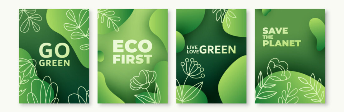Green background vector illustration. Eco ecology abstract patterns with gradient fluid wave shapes, flower leaves plant line art. Minimal organic modern design for earth day poster, spring template