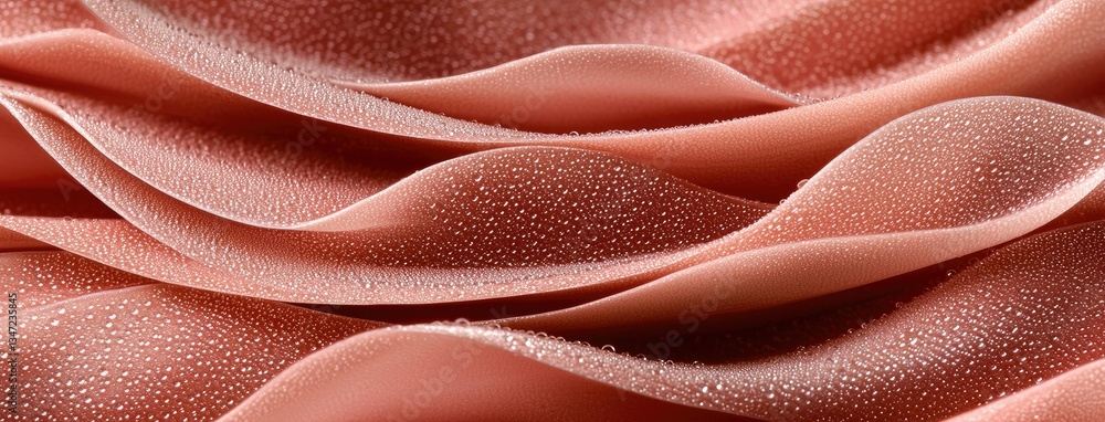 Poster Delicate pink fabric waves with droplets reflecting soft light in an elegant display of texture and color in a serene setting