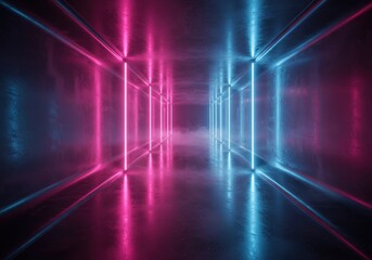 Abstract tunnel with pink and blue neon lights illuminating a concrete corridor with smoke effect