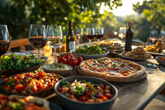 Table de d&icirc;ner avec nourriture et vin