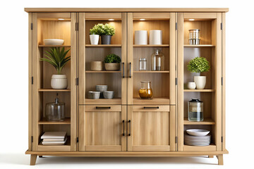 Wooden cabinet and accessories decor on transparent background 3D rendering with stylish details
