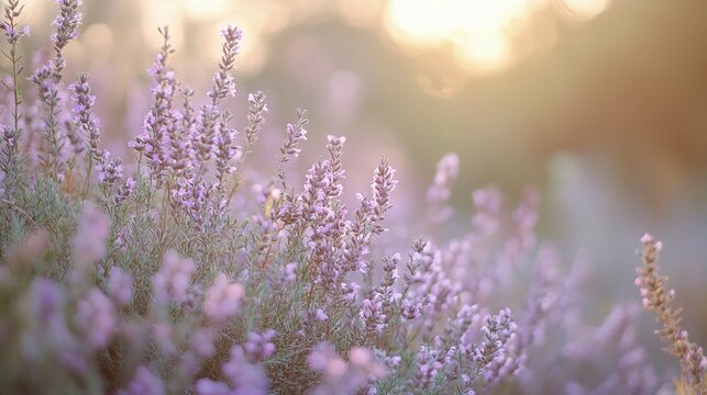 Blooming Heather in Fischbeker Heide Nature Reserve at Sunset