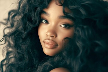 Naklejka premium Stunning happy black girl - for ads, ad page and social platforms use. Long haircut - curly hair. Commercial promotion conceptual art. African hair fashion. Stunning long hair beauty.