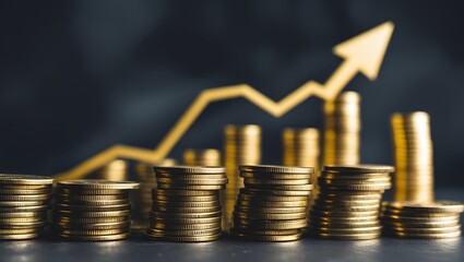 A sharply rising goldenarrow graph on gold coins showing success and financial growth.