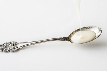 Creamy white liquid pouring into an ornate silver spoon on a white background.