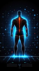 Anatomy scan Glowing human body. Spine and muscles assessment. Futuristic tech, medicine application