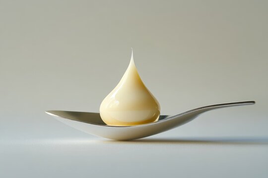 A single drop of creamy, pale yellow liquid rests delicately on a silver spoon.