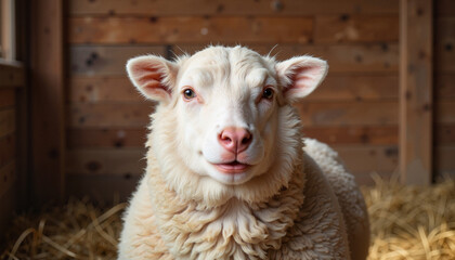 Fluffy sheep resting in barn under muted daylight, farm tranquility