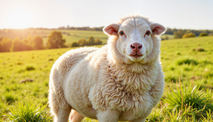 Obraz premium Fluffy sheep standing in grassy field at sunrise, rural tranquility